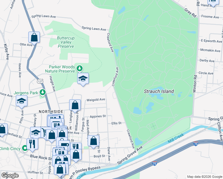 map of restaurants, bars, coffee shops, grocery stores, and more near 4364 Dane Avenue in Cincinnati