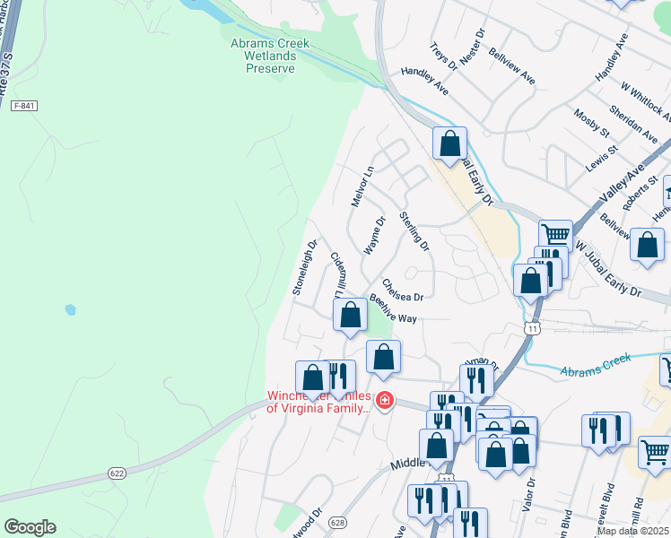 map of restaurants, bars, coffee shops, grocery stores, and more near 2043 Cidermill Lane in Winchester