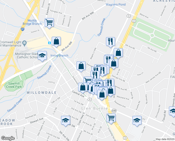 map of restaurants, bars, coffee shops, grocery stores, and more near 28 New Jersey Avenue Northwest in Glen Burnie