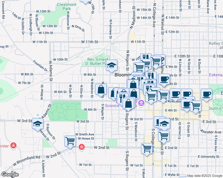 map of restaurants, bars, coffee shops, grocery stores, and more near 626 West 6th Street in Bloomington