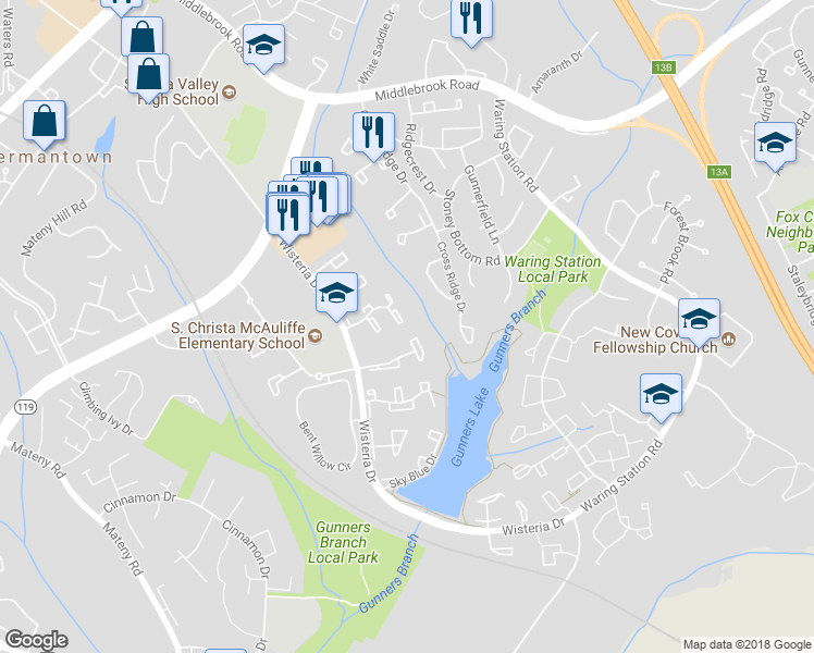map of restaurants, bars, coffee shops, grocery stores, and more near 19101 Willow Spring Drive in Germantown