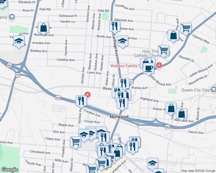map of restaurants, bars, coffee shops, grocery stores, and more near 2100 Ross Avenue in Cincinnati