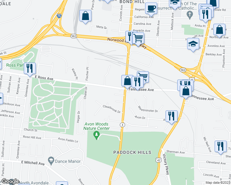 map of restaurants, bars, coffee shops, grocery stores, and more near 4591 Paddock Road in Cincinnati