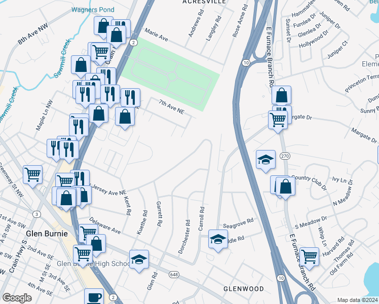 map of restaurants, bars, coffee shops, grocery stores, and more near 636 New Jersey Avenue Northeast in Glen Burnie