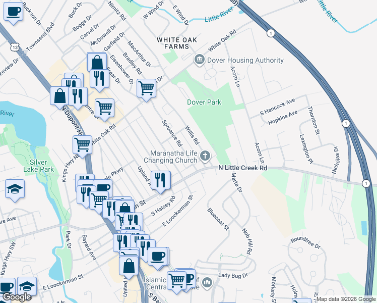 map of restaurants, bars, coffee shops, grocery stores, and more near 39 Spruance Road in Dover