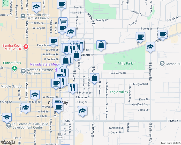 map of restaurants, bars, coffee shops, grocery stores, and more near 701 North Walsh Street in Carson City