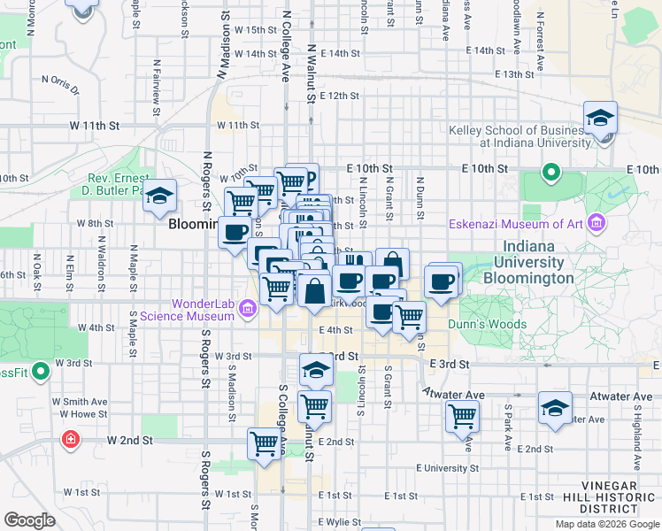 map of restaurants, bars, coffee shops, grocery stores, and more near 211 North Washington Street in Bloomington