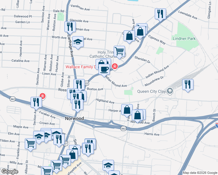 map of restaurants, bars, coffee shops, grocery stores, and more near 5122 Grandview Place in Cincinnati