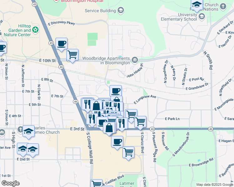 map of restaurants, bars, coffee shops, grocery stores, and more near 106 North Pete Ellis Drive in Bloomington