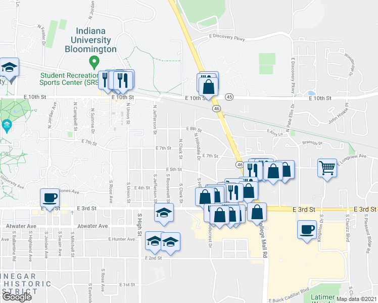 map of restaurants, bars, coffee shops, grocery stores, and more near 134 North Clark Street in Bloomington