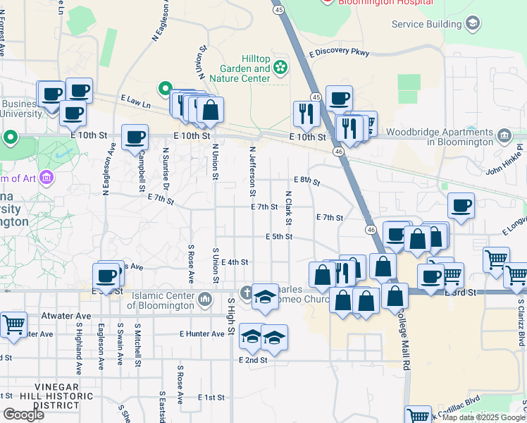 map of restaurants, bars, coffee shops, grocery stores, and more near 2210 East 7th Street in Bloomington