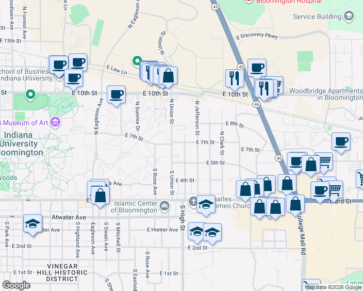 map of restaurants, bars, coffee shops, grocery stores, and more near 134 North Bryan Avenue in Bloomington