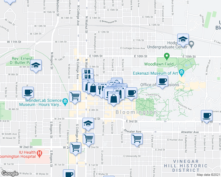 map of restaurants, bars, coffee shops, grocery stores, and more near 309 East 6th Street in Bloomington