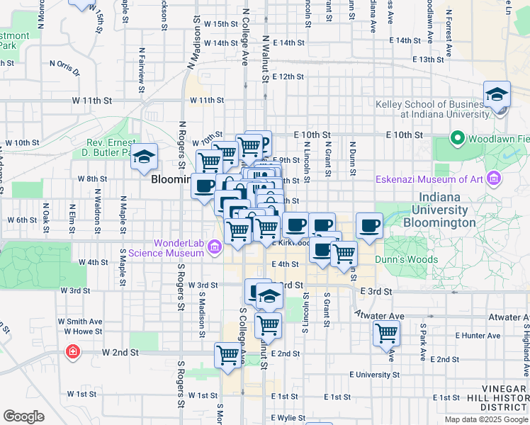 map of restaurants, bars, coffee shops, grocery stores, and more near 210 North Walnut Street in Bloomington