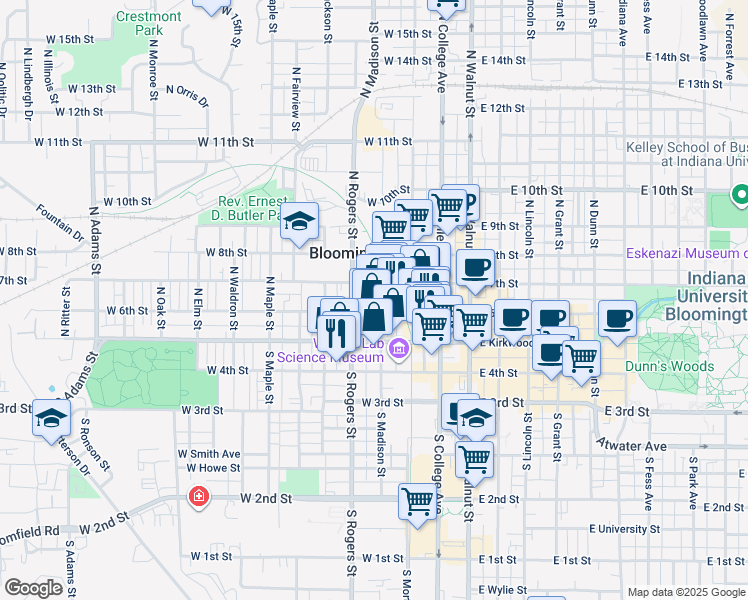 map of restaurants, bars, coffee shops, grocery stores, and more near 408 West 6th Street in Bloomington