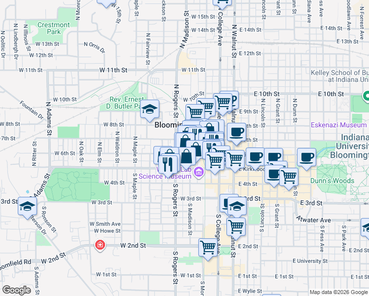 map of restaurants, bars, coffee shops, grocery stores, and more near 408 West 6th Street in Bloomington