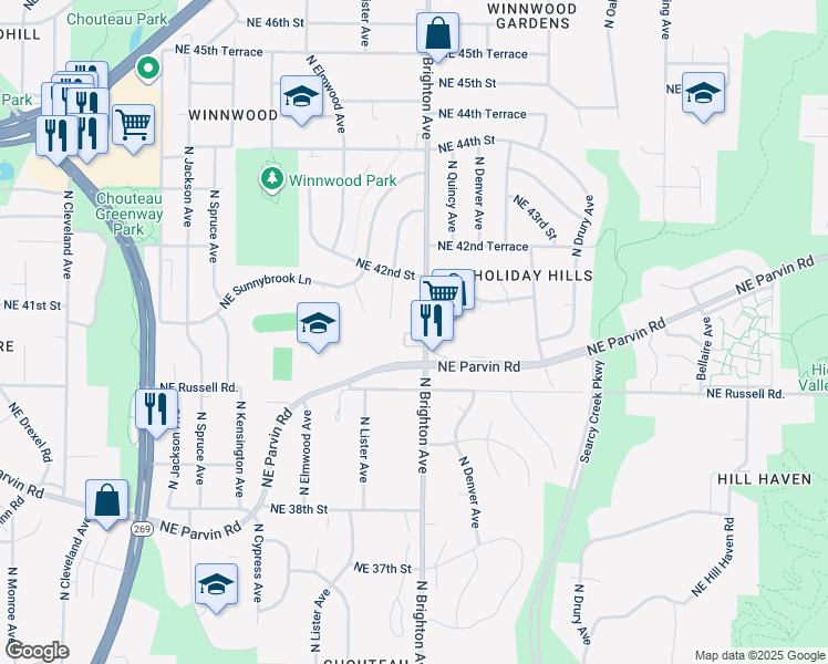 map of restaurants, bars, coffee shops, grocery stores, and more near 4900 Northeast Parvin Road in Kansas City