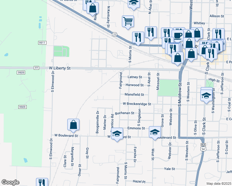 map of restaurants, bars, coffee shops, grocery stores, and more near 537 Fairground in Mexico