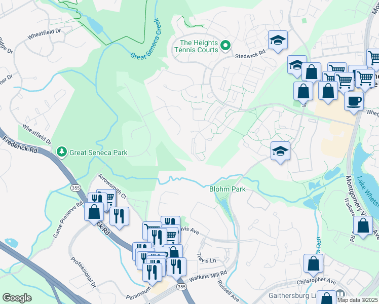 map of restaurants, bars, coffee shops, grocery stores, and more near 19024 Capehart Drive in Gaithersburg