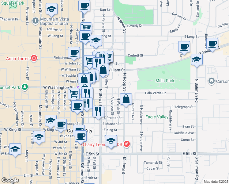 map of restaurants, bars, coffee shops, grocery stores, and more near 502 East Caroline Street in Carson City