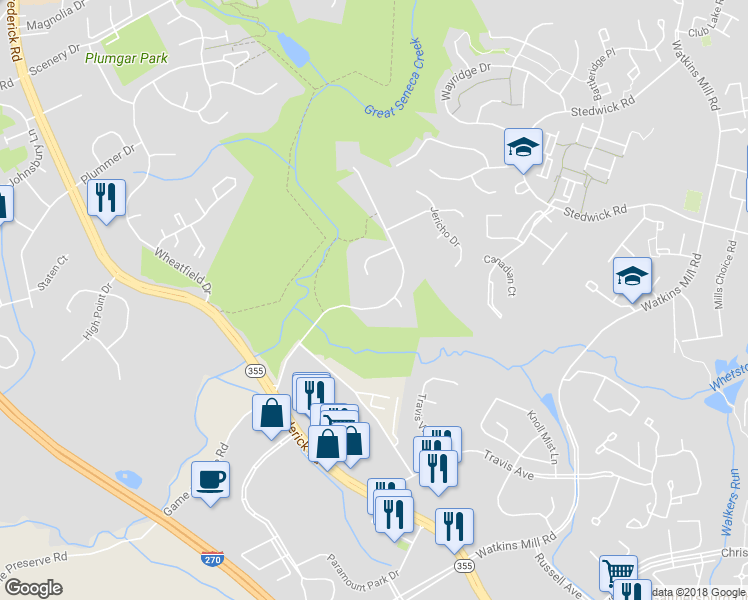 map of restaurants, bars, coffee shops, grocery stores, and more near 10841 Game Preserve Road in Gaithersburg