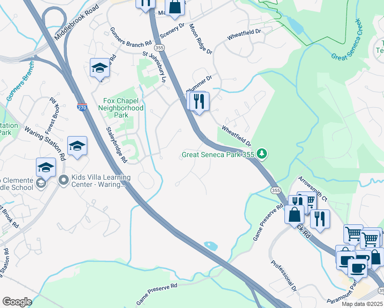 map of restaurants, bars, coffee shops, grocery stores, and more near 19016 High Point Drive in Gaithersburg