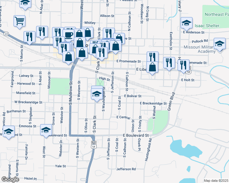 map of restaurants, bars, coffee shops, grocery stores, and more near 520 South Jefferson Street in Mexico