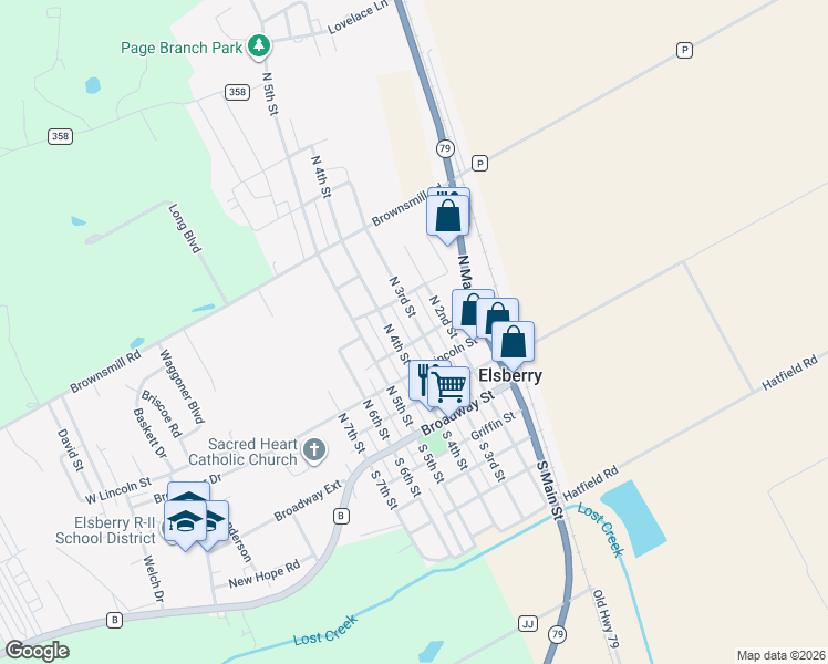 map of restaurants, bars, coffee shops, grocery stores, and more near 403 North 3rd Street in Elsberry