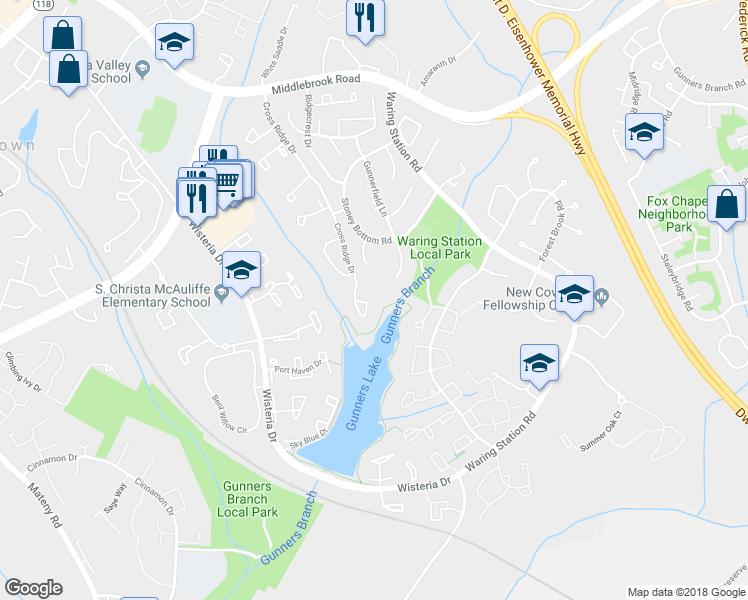 map of restaurants, bars, coffee shops, grocery stores, and more near 19225 Cross Ridge Drive in Germantown