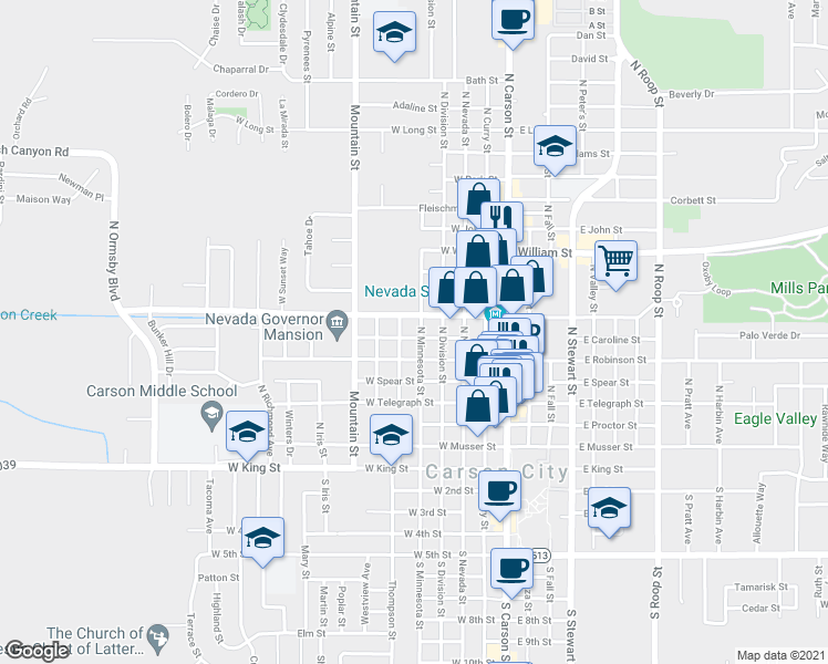 map of restaurants, bars, coffee shops, grocery stores, and more near 702 North Minnesota Street in Carson City