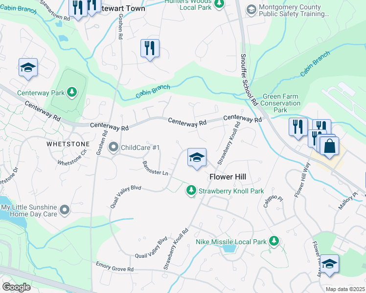 map of restaurants, bars, coffee shops, grocery stores, and more near 19001 Swan Drive in Gaithersburg