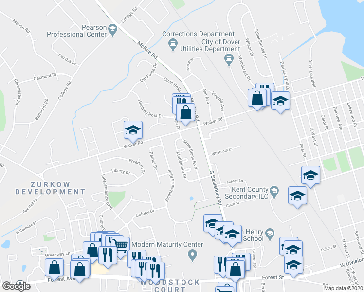 map of restaurants, bars, coffee shops, grocery stores, and more near 33 Arlberg Circle in Dover