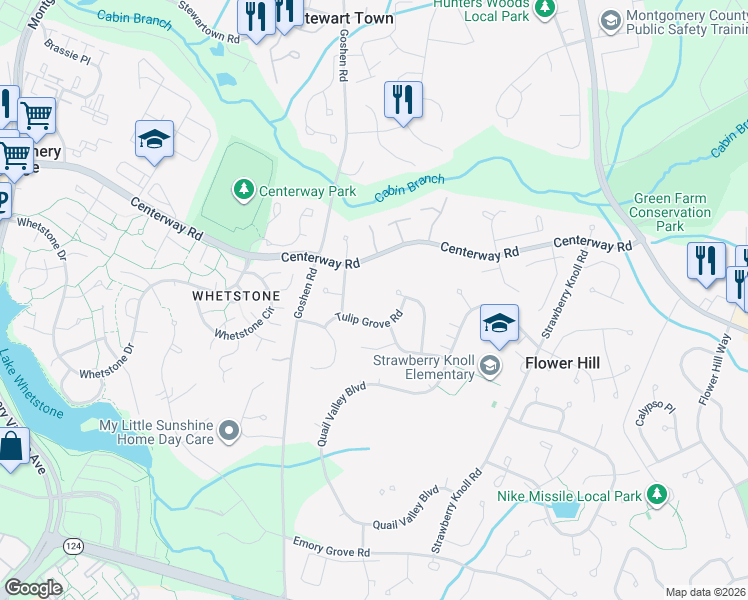 map of restaurants, bars, coffee shops, grocery stores, and more near 9134 Centerway Road in Gaithersburg