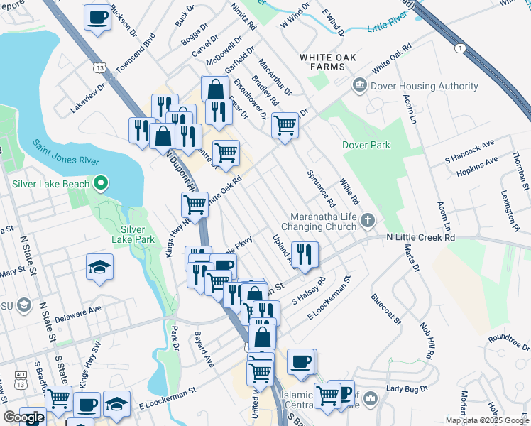 map of restaurants, bars, coffee shops, grocery stores, and more near 117 Upland Avenue in Dover