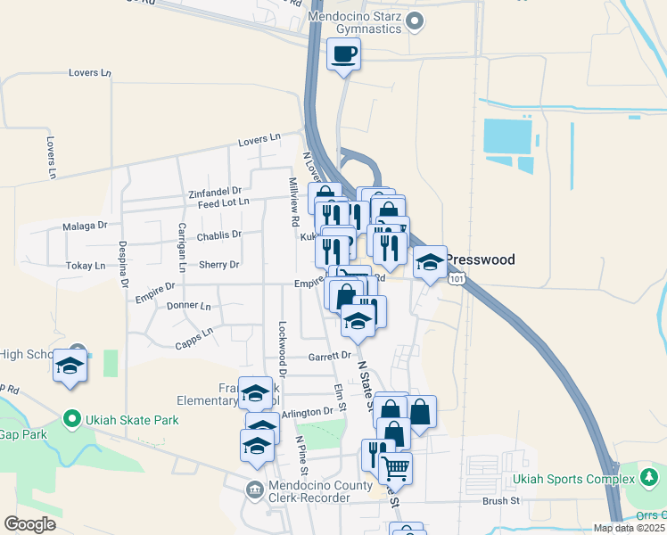 map of restaurants, bars, coffee shops, grocery stores, and more near 1310 N State St in Ukiah