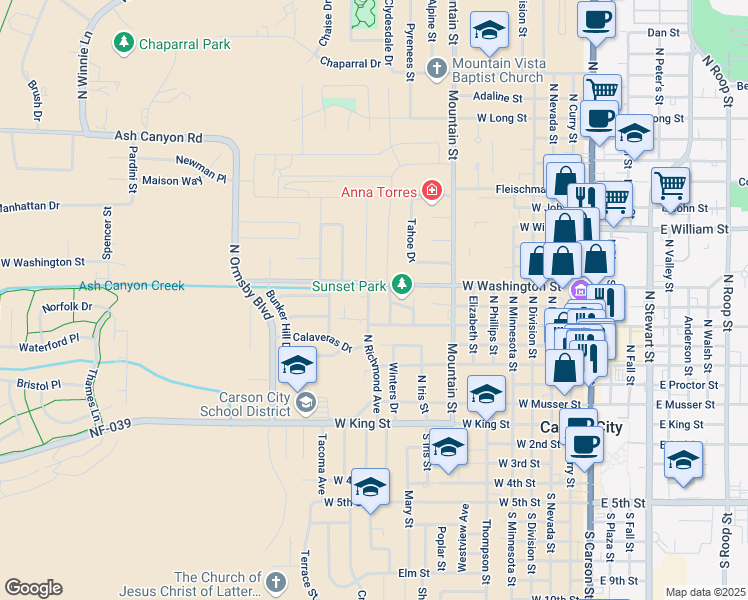 map of restaurants, bars, coffee shops, grocery stores, and more near 701 North Richmond Avenue in Carson City