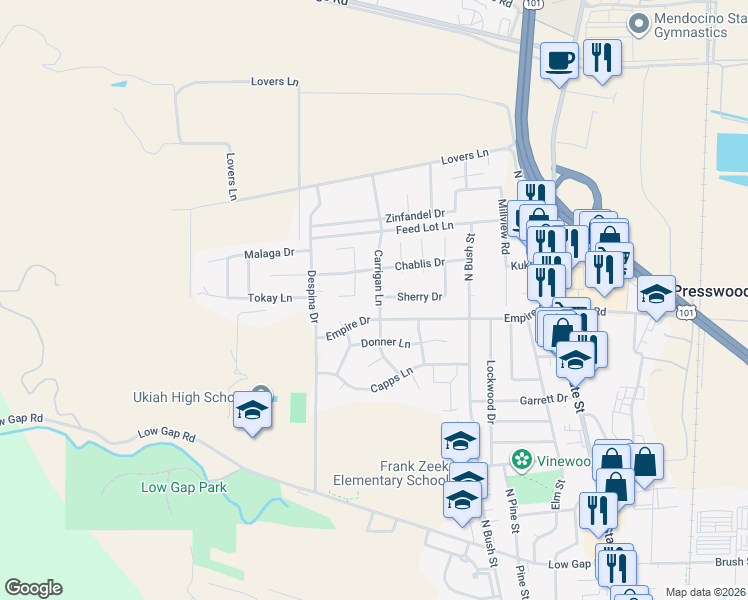 map of restaurants, bars, coffee shops, grocery stores, and more near 1330 Carrigan Ln in Ukiah