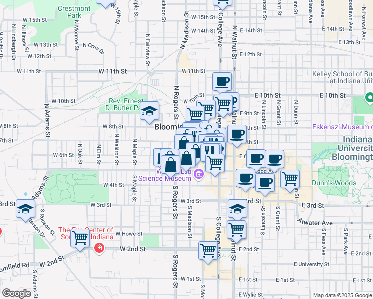 map of restaurants, bars, coffee shops, grocery stores, and more near 408 West 6th Street in Bloomington