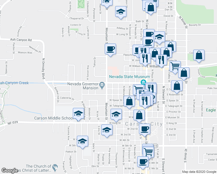 map of restaurants, bars, coffee shops, grocery stores, and more near 701 North Mountain Street in Carson City