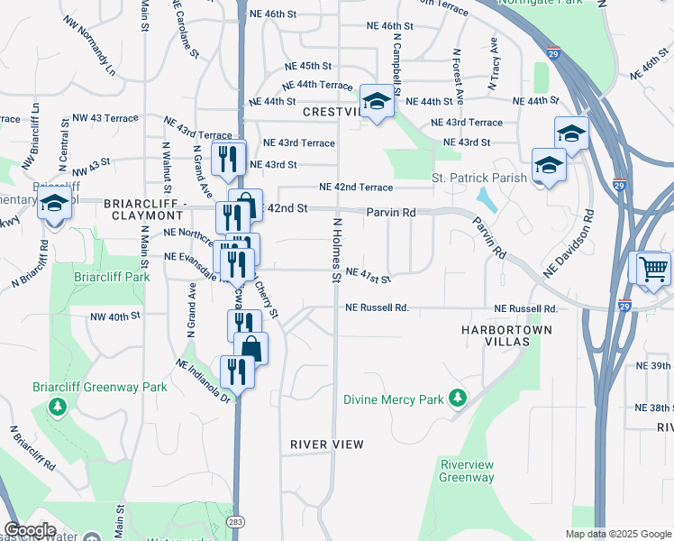 map of restaurants, bars, coffee shops, grocery stores, and more near Northeast 41st Street in Kansas City