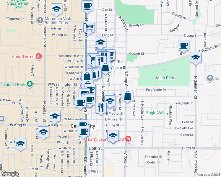 map of restaurants, bars, coffee shops, grocery stores, and more near 502 East Caroline Street in Carson City