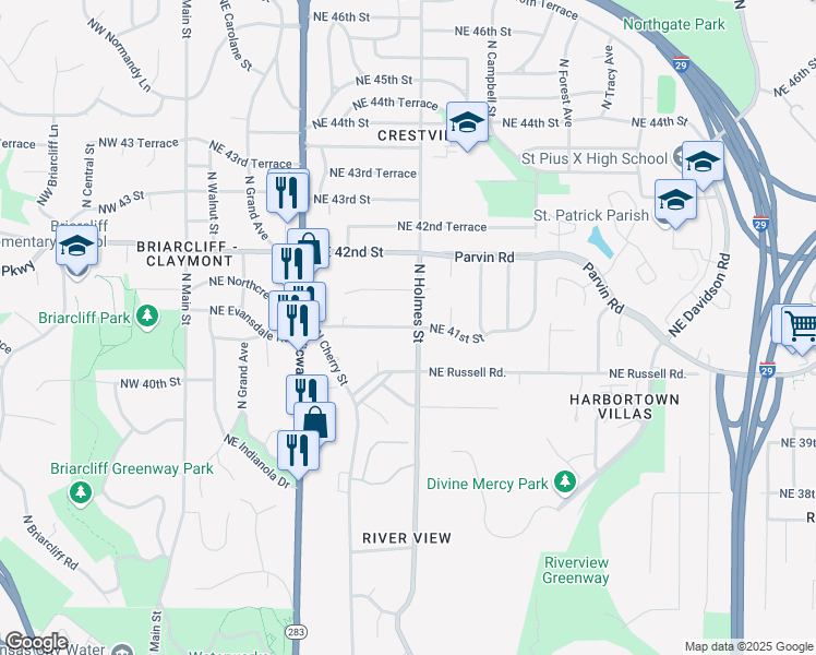 map of restaurants, bars, coffee shops, grocery stores, and more near Northeast 41st Street in Kansas City