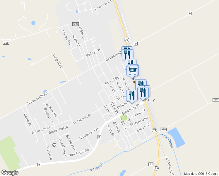 map of restaurants, bars, coffee shops, grocery stores, and more near 407 North 4th Street in Elsberry