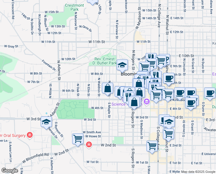 map of restaurants, bars, coffee shops, grocery stores, and more near 209 North Maple Street in Bloomington