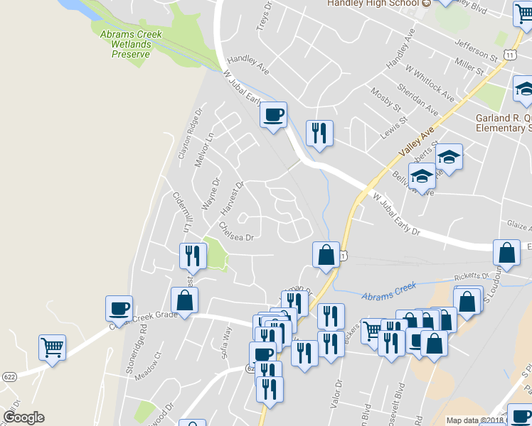 map of restaurants, bars, coffee shops, grocery stores, and more near 702 Sterling Drive in Winchester