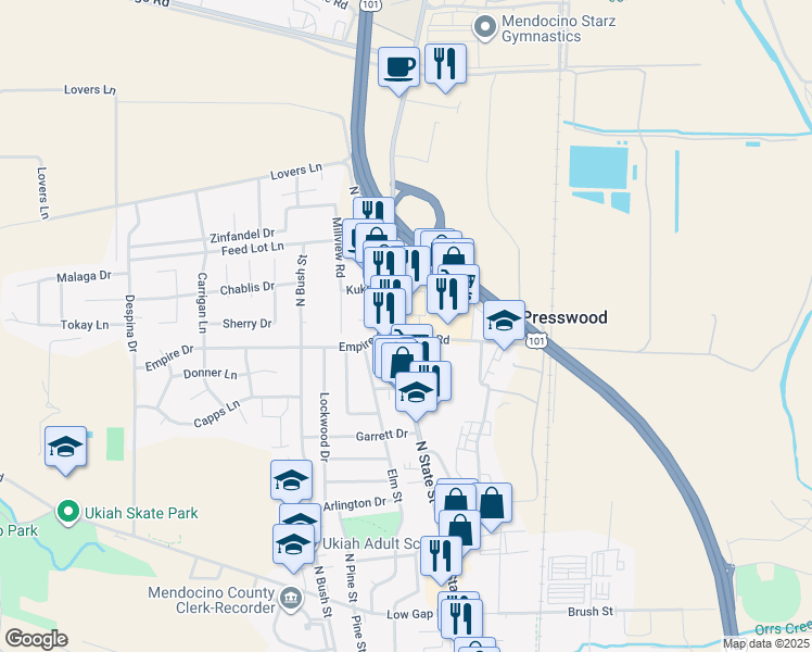 map of restaurants, bars, coffee shops, grocery stores, and more near 1310 North State Street in Ukiah
