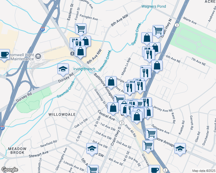 map of restaurants, bars, coffee shops, grocery stores, and more near 7419 Baltimore Annapolis Boulevard in Glen Burnie
