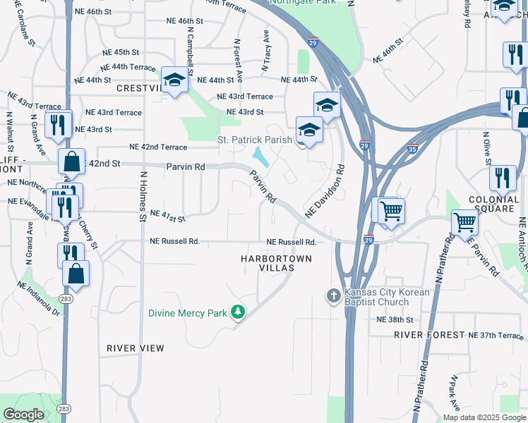 map of restaurants, bars, coffee shops, grocery stores, and more near 4101 North Tracy Avenue in Kansas City