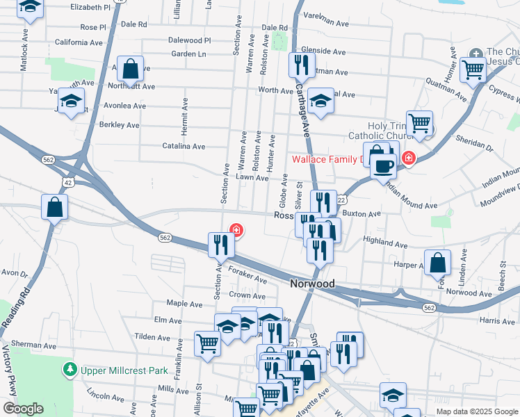 map of restaurants, bars, coffee shops, grocery stores, and more near 2042 Ross Avenue in Cincinnati