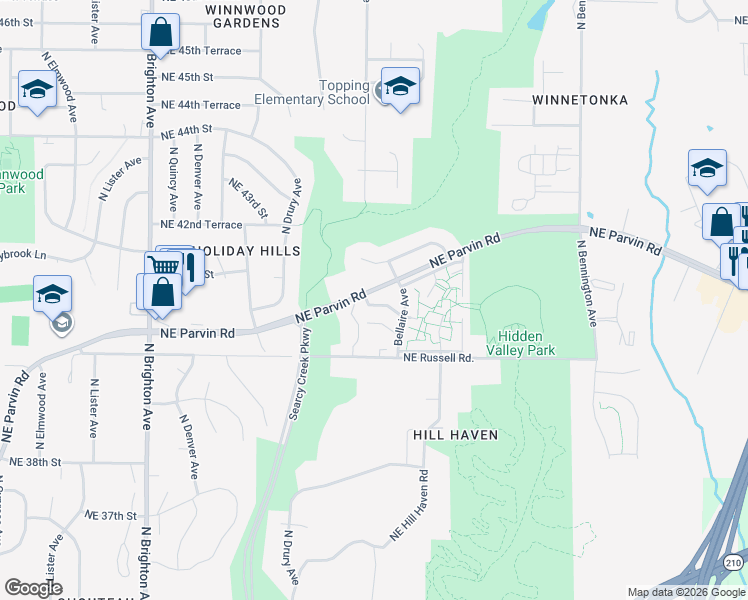 map of restaurants, bars, coffee shops, grocery stores, and more near 5804 Northeast 41st Street in Kansas City